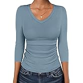ANRABESS Womens Tops 3/4 Sleeve V Neck Ribbed Knit Slim Fit Shirts Basic Tee 2026 Fall Outfits Casual Tshirt Fashion Clothes
