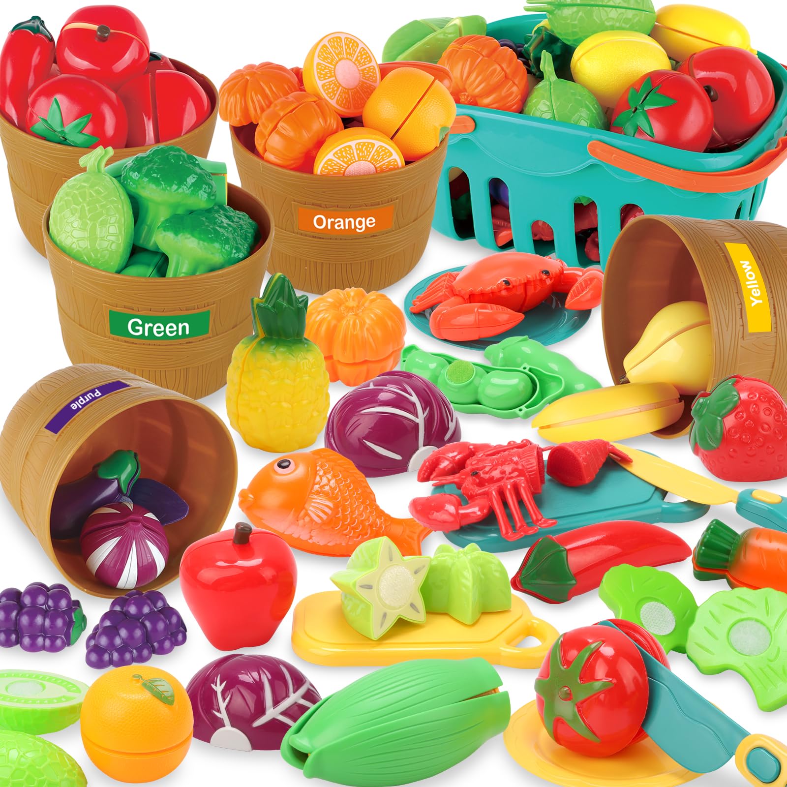 68PCS Cutting Play Food Set for Kids, Pretend Kitchen Toys with Basket & Buckets, Montessori Educational Food Sorting Toy Gift for Boys & Girls Age 3+