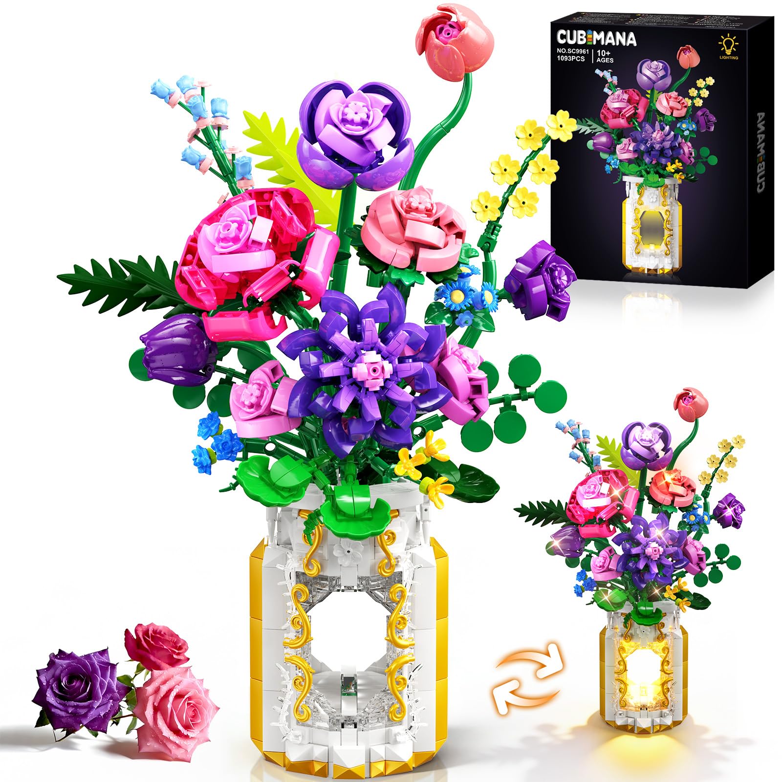 CUBIMANA Blumenstrauß-Bauset mit Vase & LED-Licht, 1093 Teile Botanische Sammlung Klemmbausteine, kreatives Geschenk für Frauen und Männer, künstliche Blumendekoration für Home und Zimmer