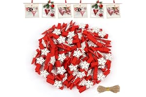 COIDEA 70 Pcs Christmas Clothespins, Red Snowflake Wooden Clips with 33 FT Jute Twine, Mini Clothespins for Hanging Clip Photos Party Favors School Home Art Craft Decor