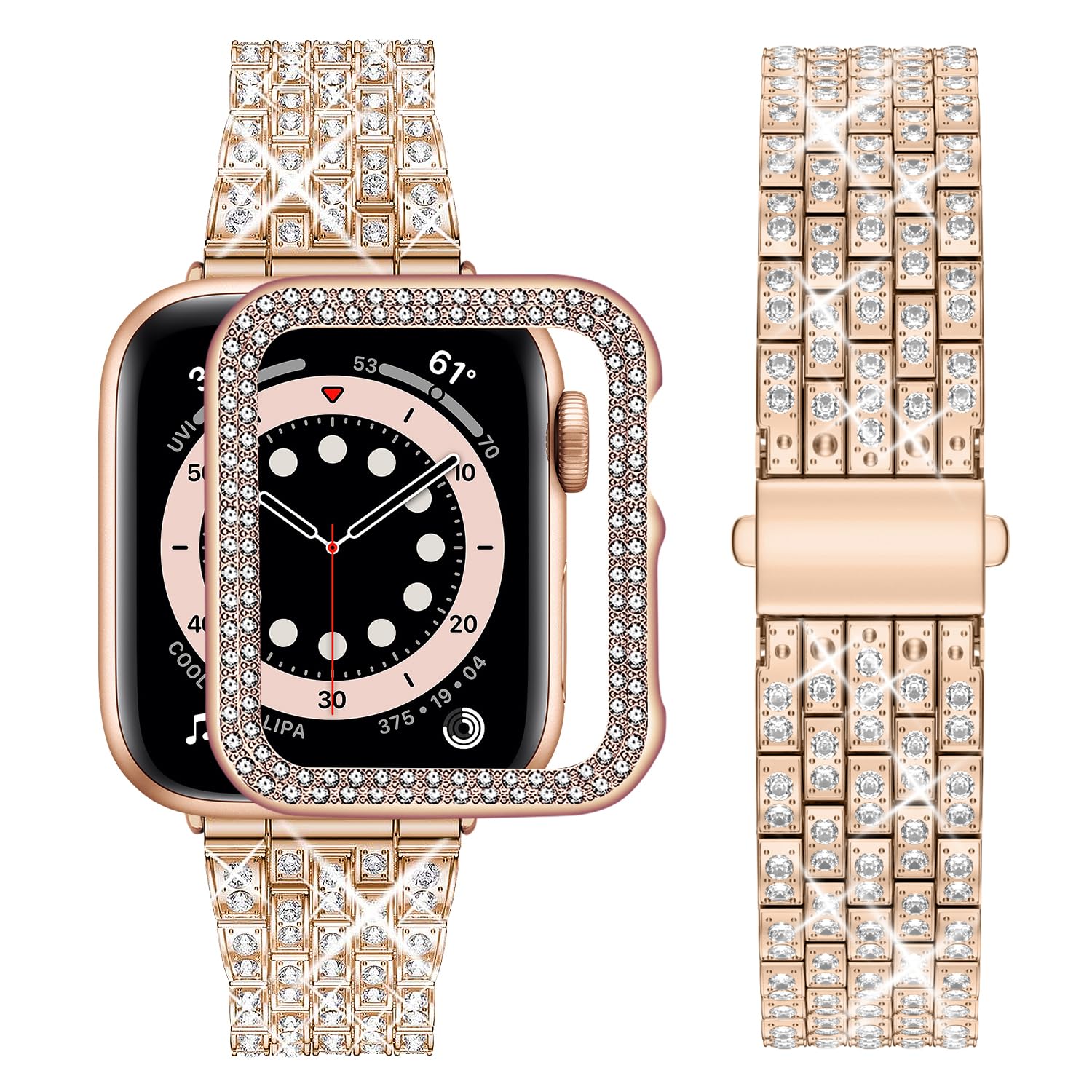wutwuk Compatible Bling Apple Watch Straps 38mm with Bling Case, Rose Gold Sparkling Metal Woman iWatch Replacement, Bling Bracelet Diamond Rhinestone Wristband for Apple Watch Series 3 2 1 38mm