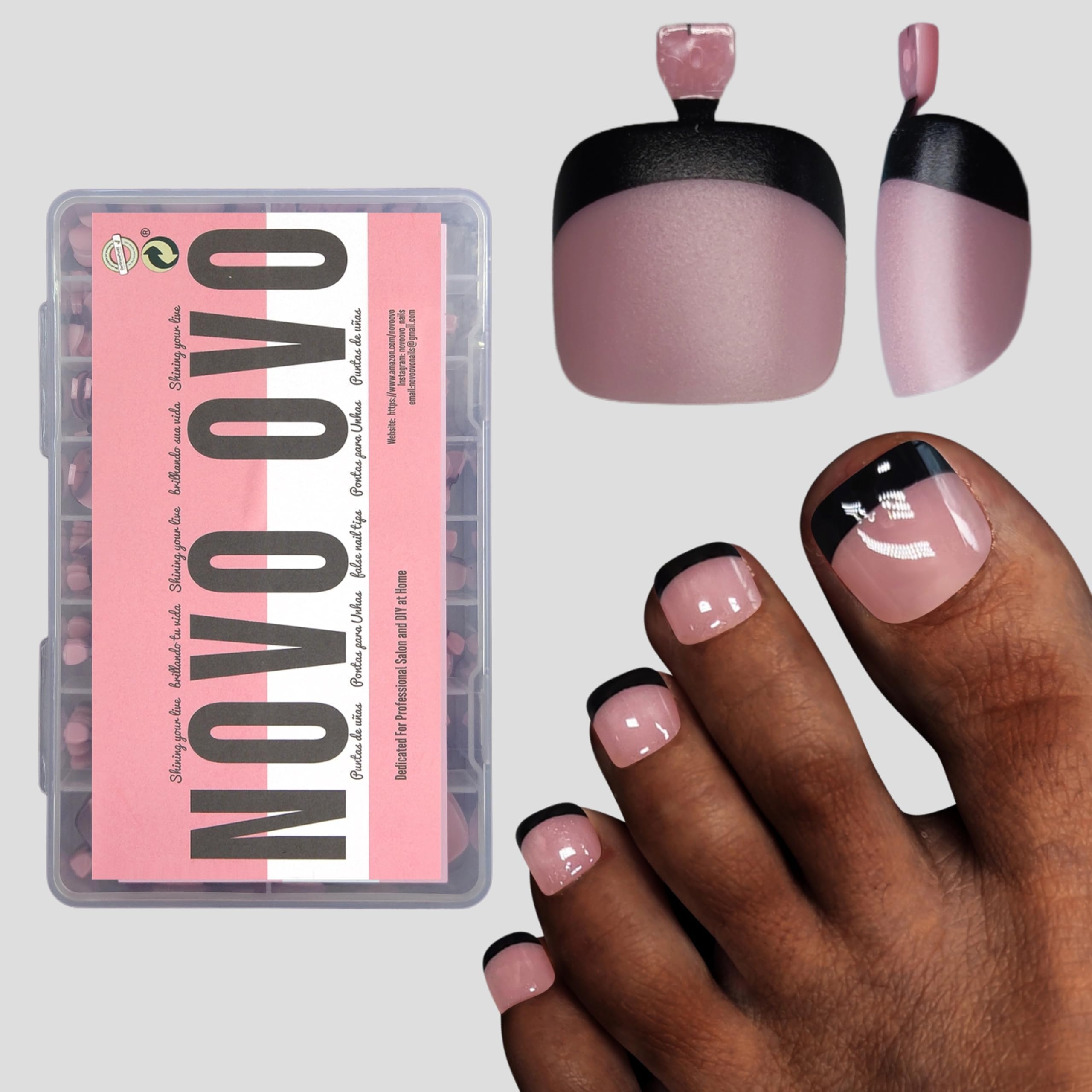 NOVO OVO Halloween Black French Tip Toe Nail Tips Press on, Soft Gel Toenail Extension, BERRY PINK Square Round Pre-applied Tip Primer & Base Coat, Full Cover Matte Nails for DIY x 15 Sizes 360Pcs — image 1