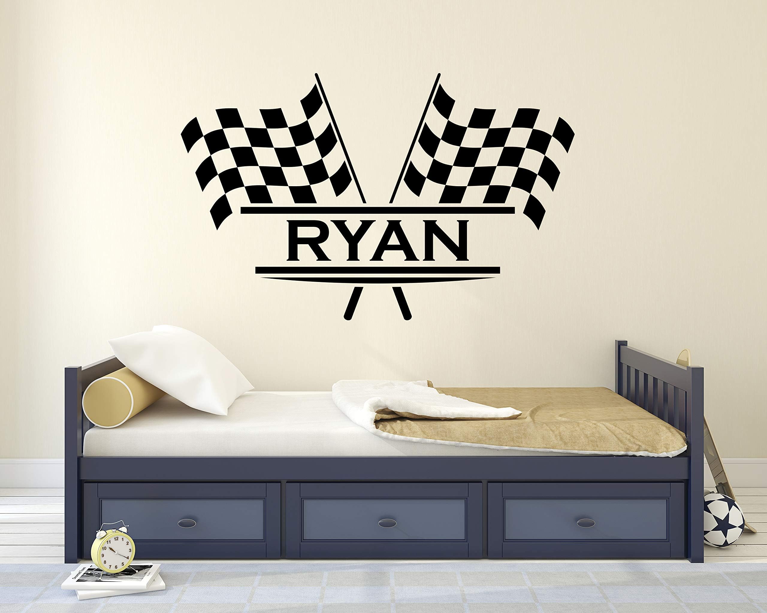 Personalized Name Flags Racing Wall Decal - Baby Room Decor - Nursery Wall Decals - Racing Wall Decor Mural Sticker (22" x 14")