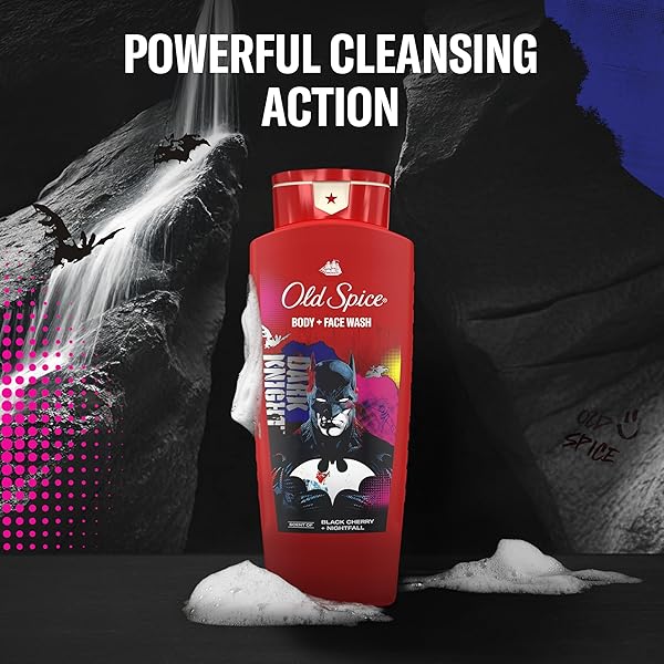 OLD SPICE BODY WASH FOR MEN, BATMAN: DARK NIGHT, 3X DEFENSE, 24/7 SHOWER FRESH WITH LASTING SCENT, CLEANSING 2-IN-1 BODY & FACE WASH, SMELL LIKE A HERO, BLACK CHERRY AND NIGHTFALL SCENT, 24 OZ