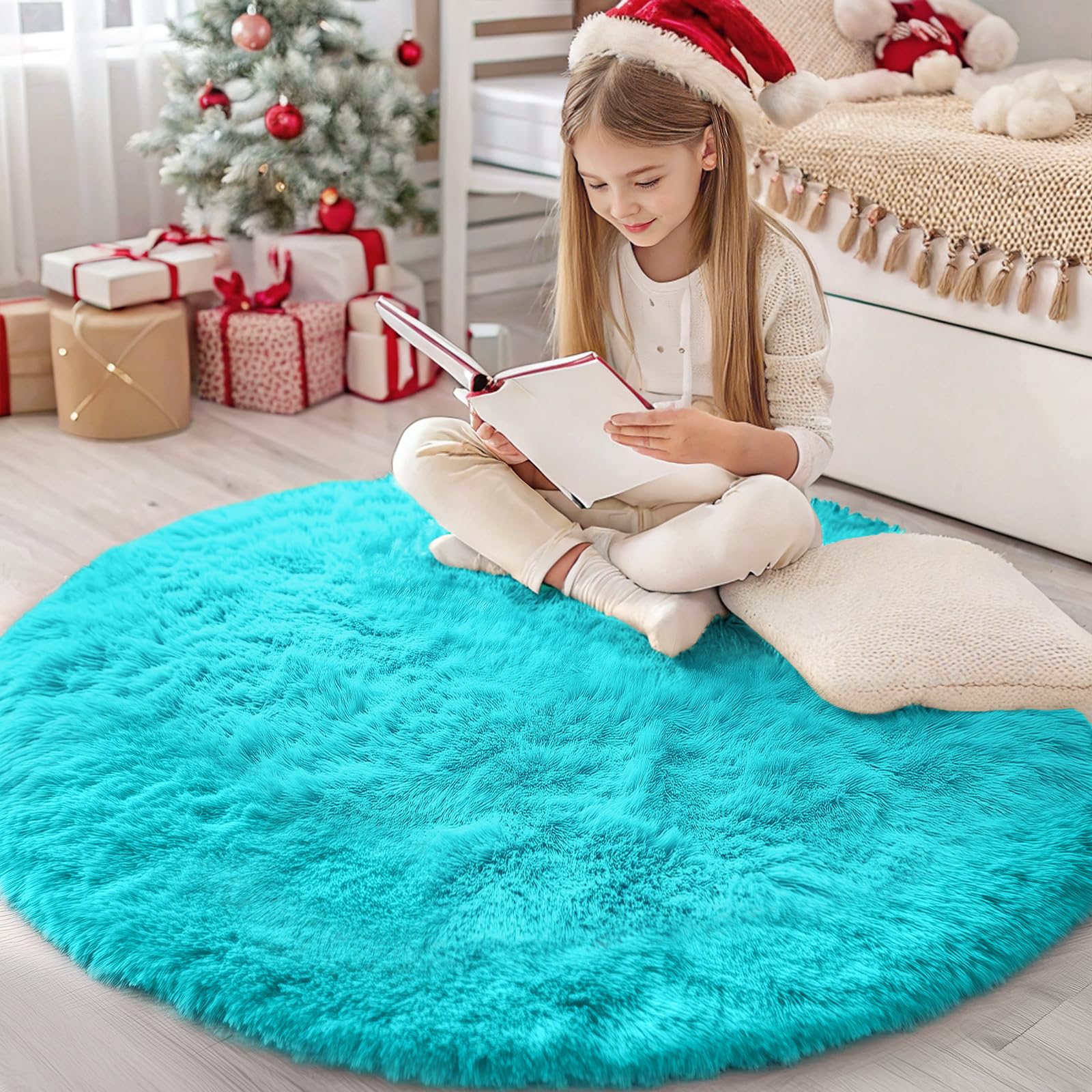 Photo 1 of OLANLY Teal Blue Round Rugs for Bedroom - Machine Washable, 4 ft Circle Area Rugs for Living Room, Soft and Fluffy Shaggy Carpet for Teen Girls and Boys, Nursery Rooms, Dorms, Home Decor Aesthetic