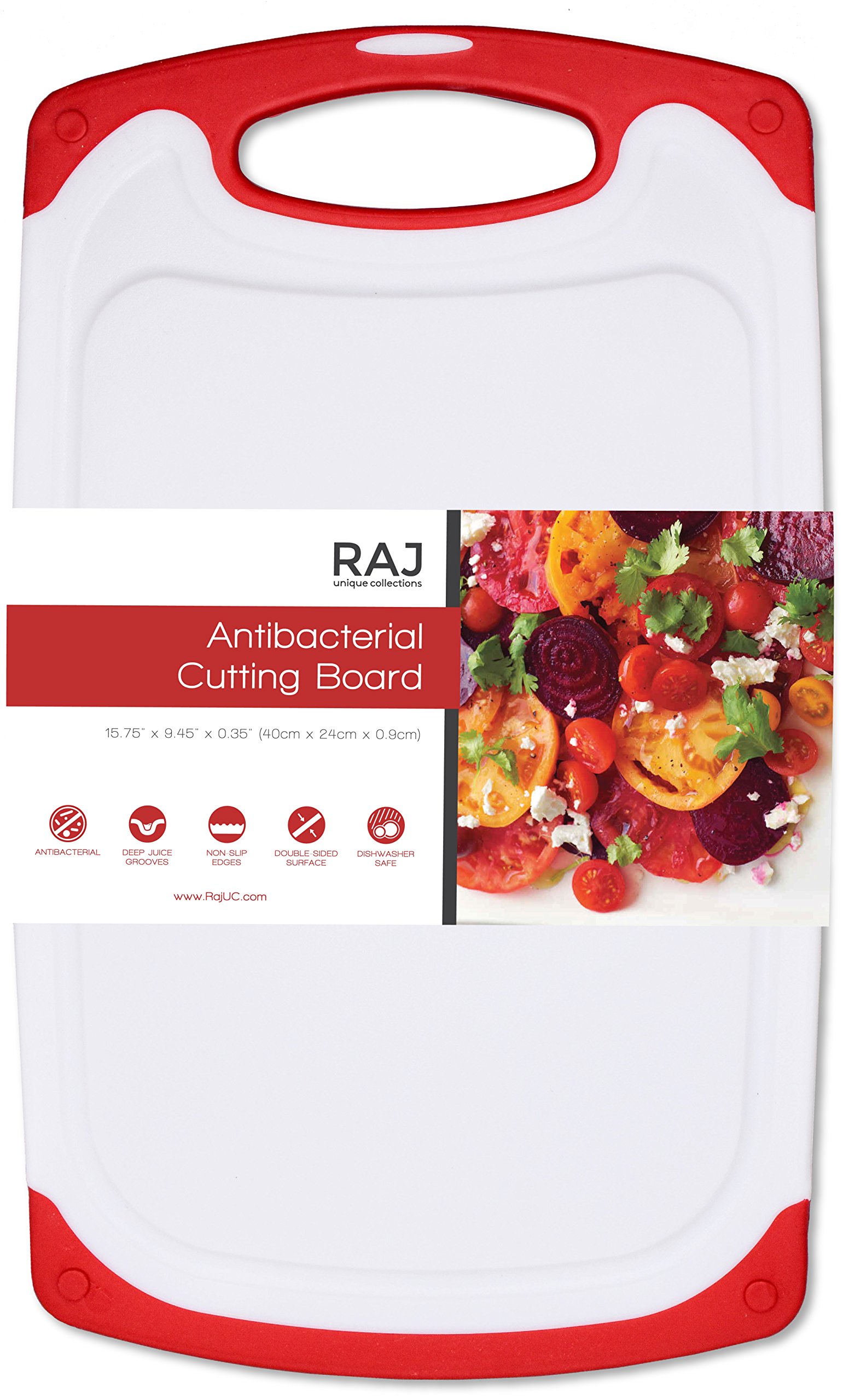 Raj Non-Slip Antibacterial Plastic Cutting Board, Deep Juice Groove, Dishwasher Safe, BPA Free, FDA Approved White and green (1 Piece Large, White board with Red Ends)