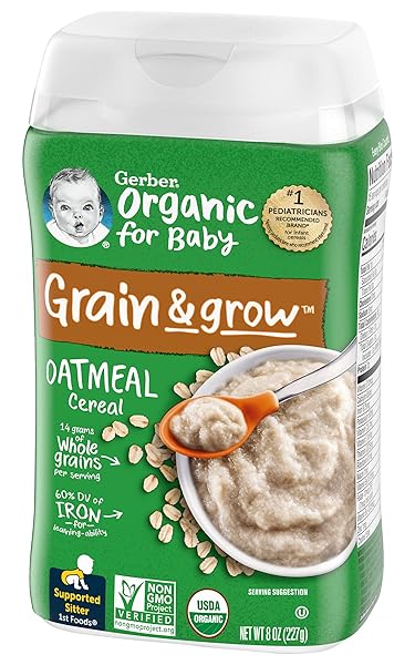 GERBER ORGANIC FOR BABY 1ST FOODS GRAIN & GROW CEREAL, OATMEAL CEREAL, MADE WITH WHOLE GRAINS & IRON, USDA ORGANIC & NON-GMO, 8-OUNCE CANISTER (PACK OF 1)