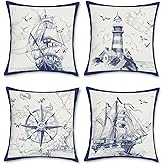 Bonhause Nautical Sailing Throw Pillow Covers 18 x 18 Inch Set of 4 Sailboat Compass Lighthouse Decorative Pillows Case Polyester Linen Cushion Covers for Couch Sofa Bed Home Decor