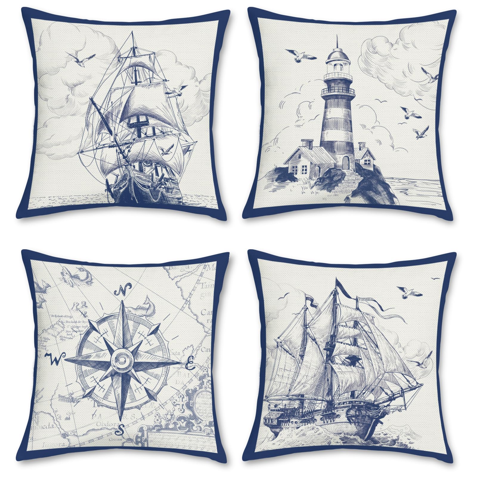Bonhause Nautical Sailboat Cushion Covers 45 x 45 cm Compass Lighthouse Decorative Throw Pillow Covers Polyester Linen Blue Pillowcases for Sofa Home Patio Outdoor Decor Set of 4