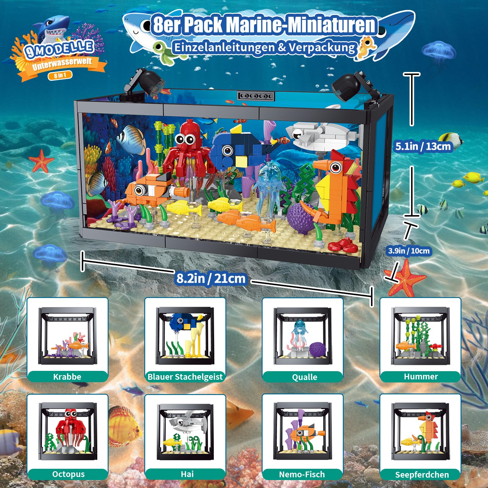 8-in-1 Aquarium Fish Tank Baustein mit LED Licht, einschließlich Meeresquallen, Fischen, Tierbauspielzeug, Geburtstag Weihnachten Geschenk für Erwachsene Kinder Jungen Mädchen ab 6 8 10 12+ Jahren 5