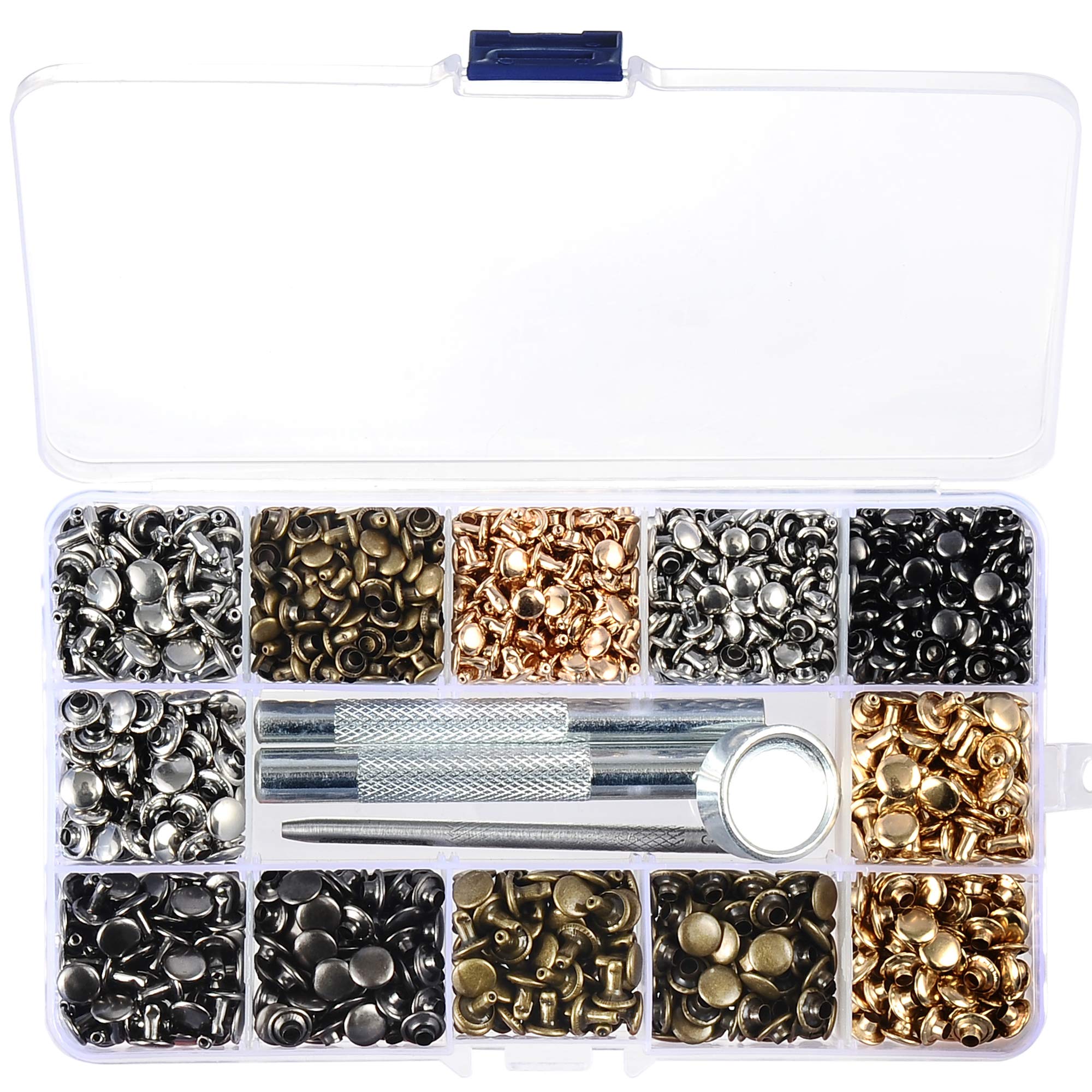 640 Sets Mixed Color Leather Rivets Kit Mixed Size Double Cap Rivets Garment Rivets with Rivet Press Setter Tool for Leather Craft Clothing Shoes Belts Bags Rivets 4 Color 2 Sizes