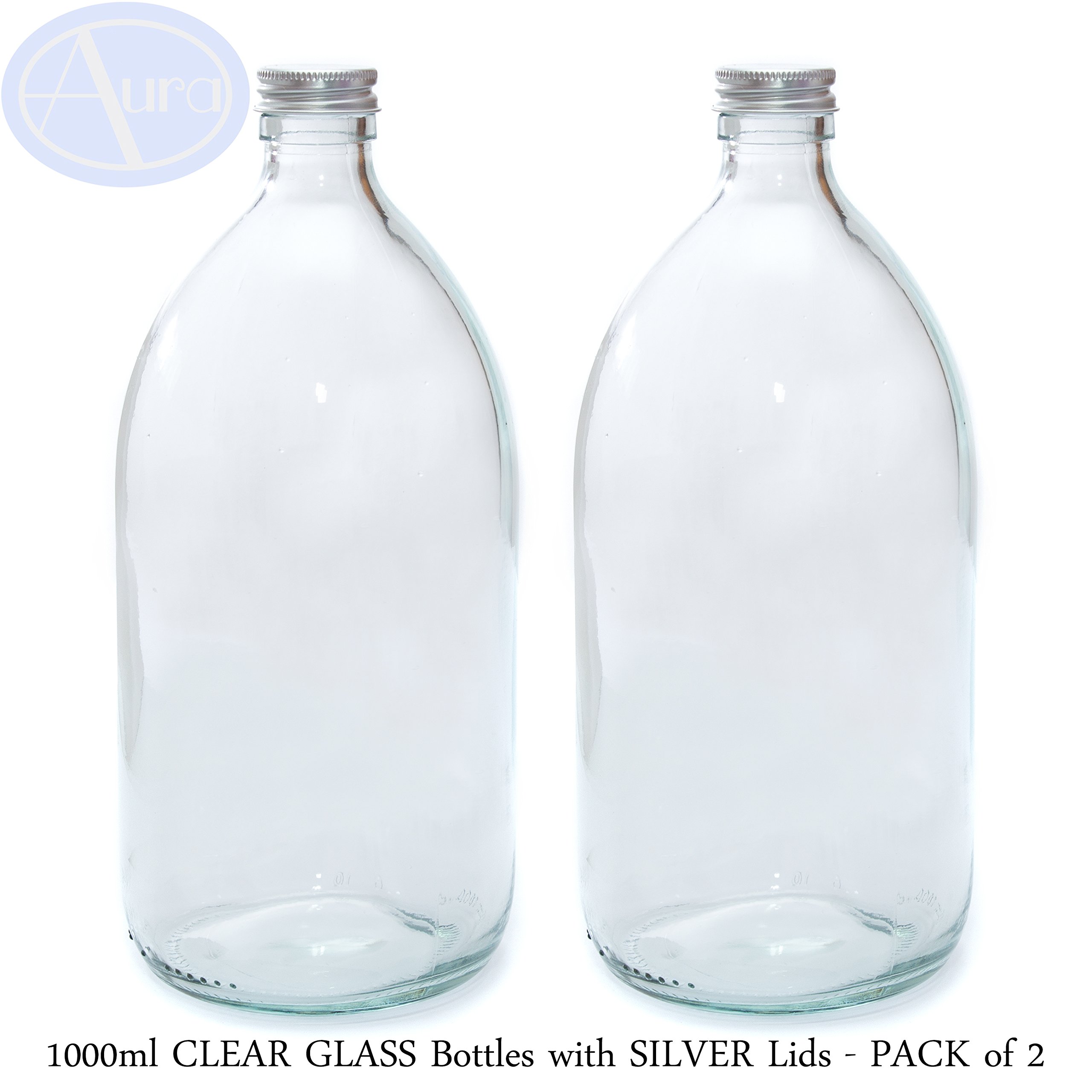 Aura 1000ml CLEAR GLASS Bottles with SILVER Lids - PACK of 2