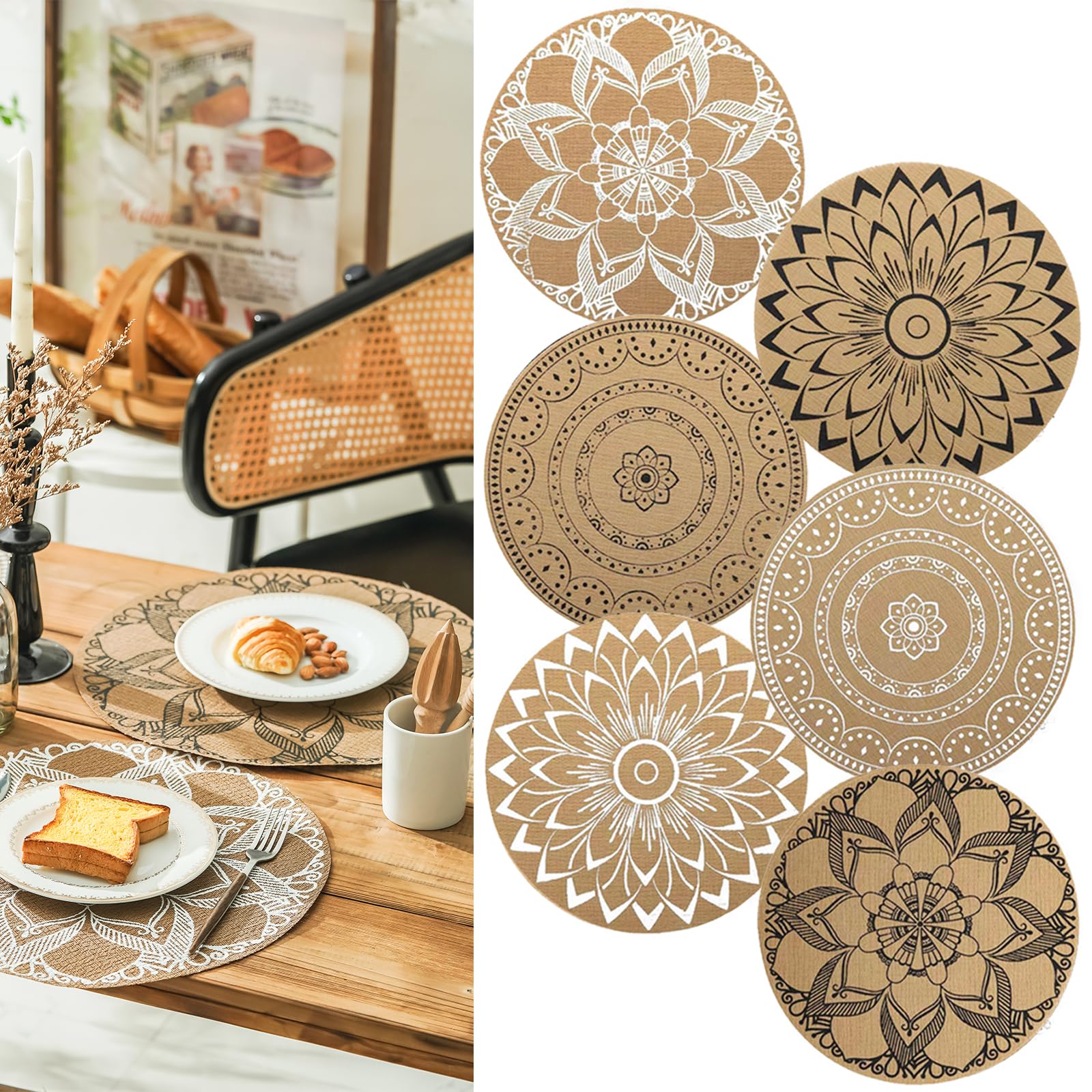 Elistonie Boho Round Placemats Set of 6 - Washable, Heat Resistant, Waterproof - Mandala Jute Dining Mats for Bohemian Table Settings