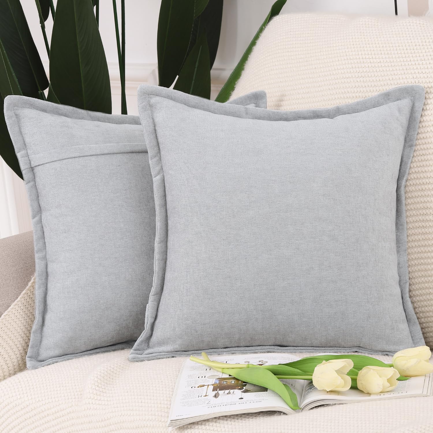 Madizz Fringe Chenille Cushion Covers Set of 2 Super Soft Boho Throw Pillow Covers Decorative Plain Throw Pillowcases Modern Home Decor for Sofa Bedroom Light Grey 20x20 inch, 50x50 cm