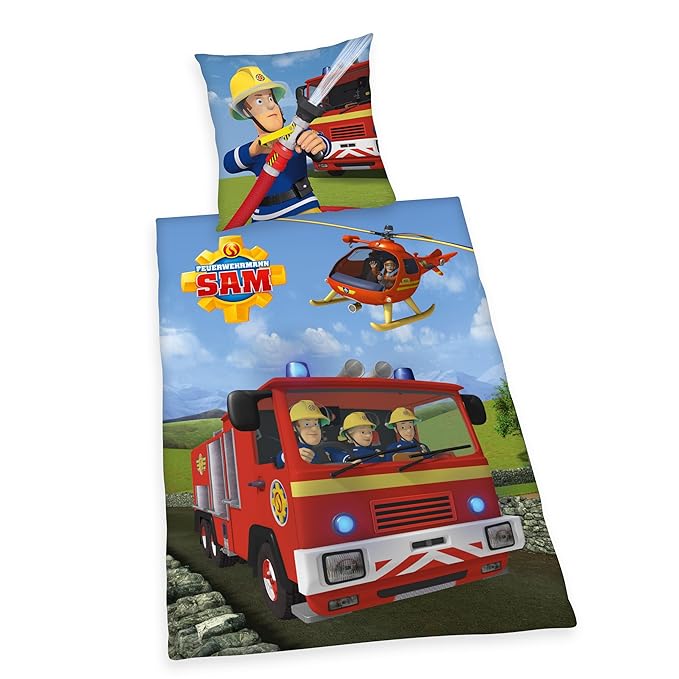Herding 4670217050 Feuerwehrmann Sam Bettwäsche Bettwäsche-Set, Baumwolle Flanell, Mehrfarbig, 135 x 200 cm