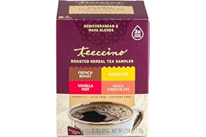 Teeccino Herbal Tea Sampler Assortment - 12 Tea Bags - Maca Chocolaté, French Roast, Hazelnut, Vanilla Nut - Roasted Caffeine Free Herbal Tea, Prebiotic for Natural Energy