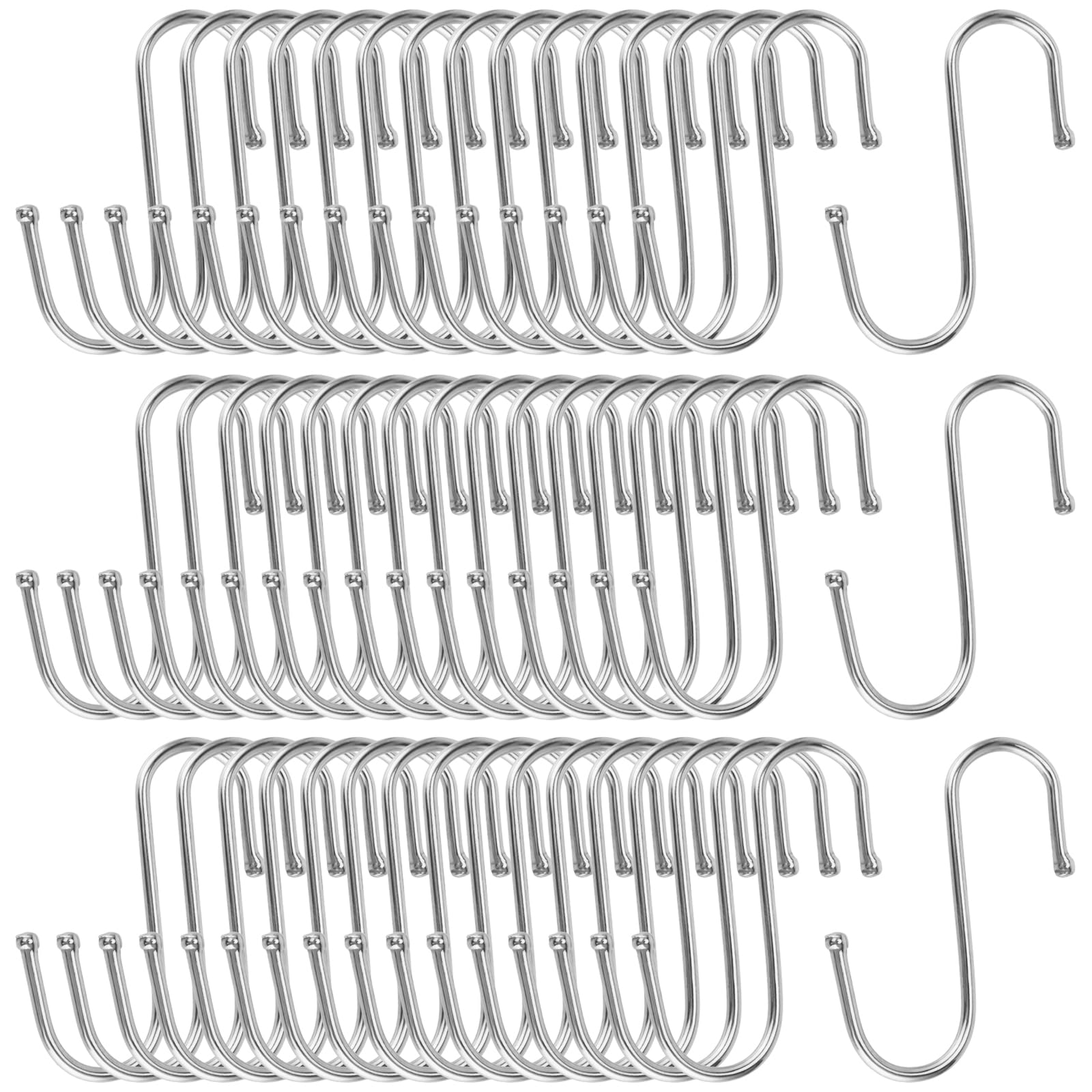 FUNSUEI S Shaped Hanging Hooks - 50 PCS Heavy Duty Metal S Hooks, Stainless Steel, Silver - For Kitchen, Bathroom, Bedroom, Office - 7cm