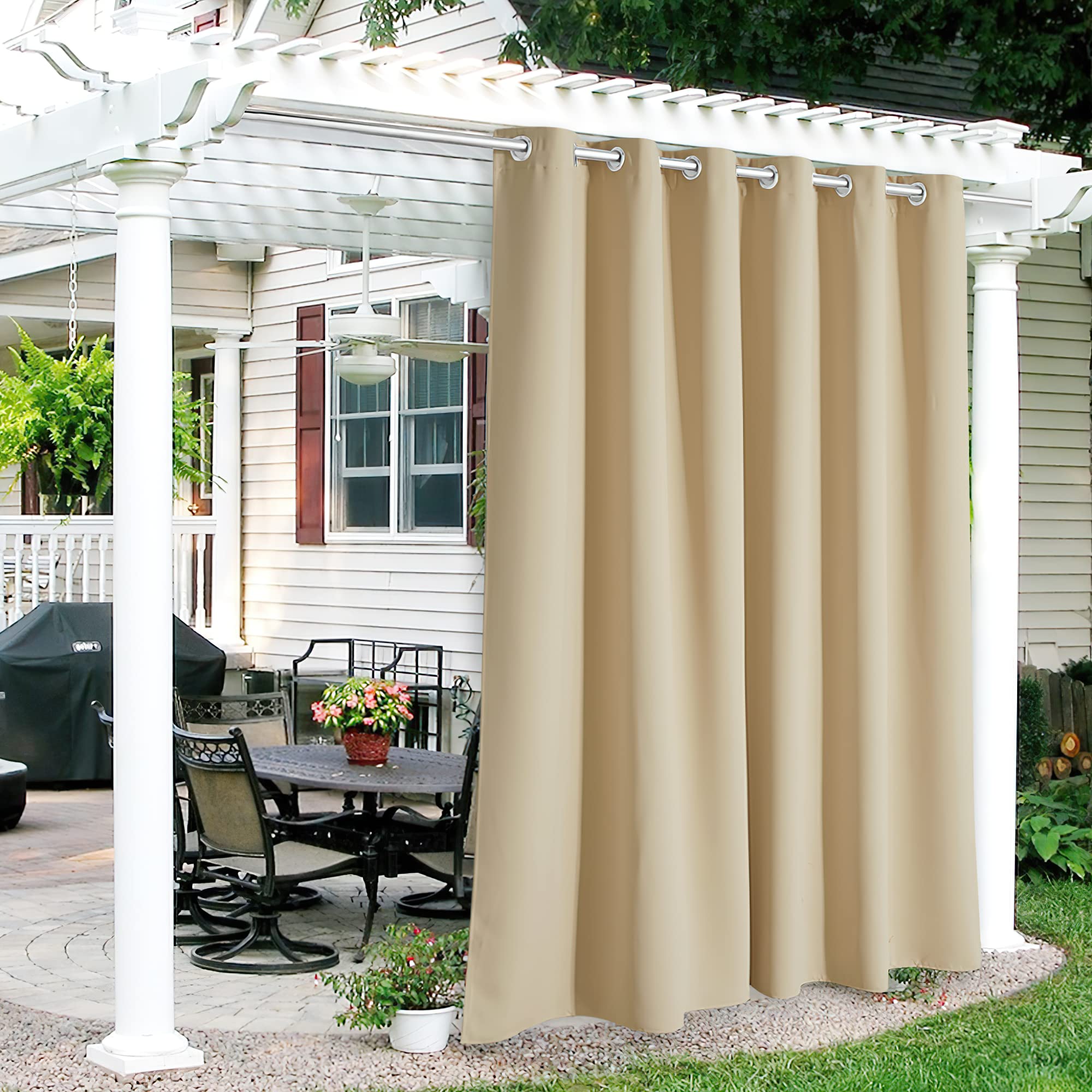 Photo 1 of RYB HOME Patio Curtains Outdoor - Waterproof Heat UV Shade Privacy Blackout Curtains for Porch Gazebo Pergola Garage Sun Room Decor, 84 Width x 84 inch Length, 1 Panel, Biscotti Beige