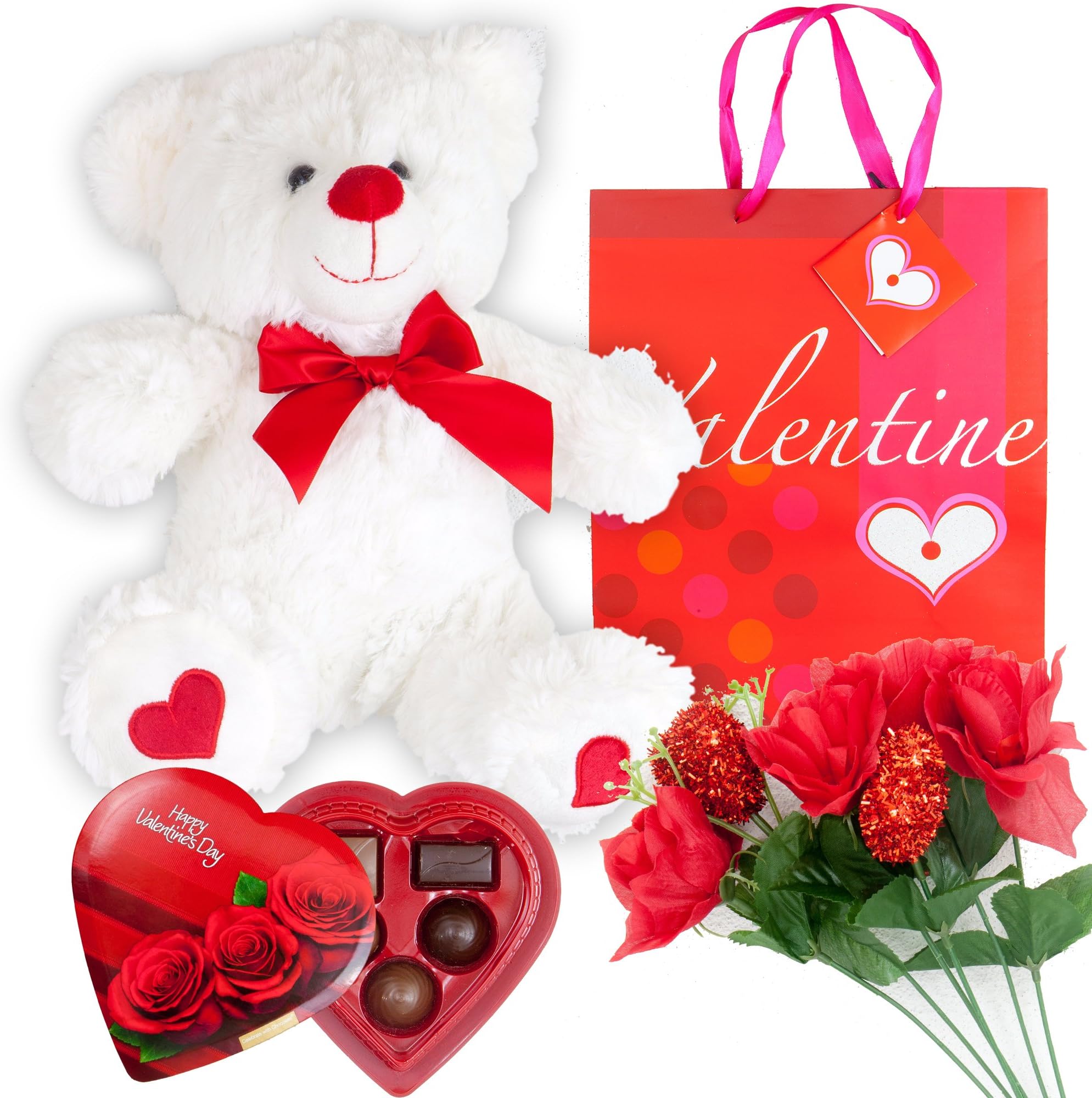 Set Basket | Teddy Bear Plush Artificial Rose Flower Bouquet Love Elmer Chocolate Gift Box Premium Gift Bag | Love Heart for Her Wife Girlfriend Mother Daughter