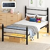 Gohapnis Twin Bed Frames with Headboard and Footboard,Black Metal Platform Bed Frame with RGB LED Lights and USB Charging Station,Under Bed Storage,No Box Spring Needed,Suitable for Bedrooms