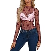 AISEW Womens Mesh Sheer Long Sleeve Crop Tops Mock Neck Sexy See Through Tee Shirts Lace Floral Y2K Layering Top Blouses