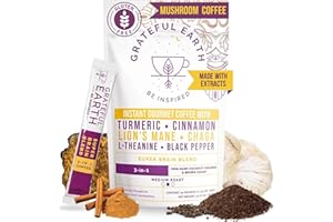 Grateful Earth Mushroom Coffee, Coconut Instant Coffee with Lion’s Mane Mushrooms, Chaga, Turmeric, L-Theanine, Cinnamon, Super Brain Blend For Energy & Immune Support, Dairy & Gluten Free, 20 Packets