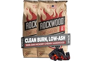 Rockwood Natural Lump Charcoal – Oak, Hickory & Cherry Hardwood Blend for Barbecue Smoking, High-Heat Grilling, & Outdoor Cooking – Clean Burning, Ideal for Kettle & Kamado Grills – 20lbs (2 Packs)
