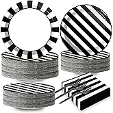 200pcs Black and White Party Plates Napkins Forks Striped Theme Party Tableware Set Black White Party Disposable Paper Dessert Dinnerware Kids Adults Wedding Party Baby Shower Decor Supplies Serves 50