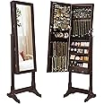 SONGMICS Jewelry Cabinet with 6 LED Lights, Lockable Mirrored Jewelry Armoire Organizer, 2 Drawers, Brown UJJC94K