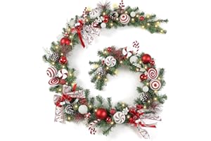 WBHome Pre-lit 9 Feet/106 Inch Christmas Garland Candy Shop Red & White Themed with 50 LED Lights Holiday Decorations, Battery Operated (Batteries NOT Included)