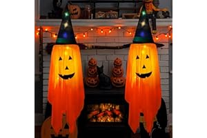 SNORECAT Halloween Decorations Outdoor, 2 Pack 53 Inch Large Hanging Lighted Glowing Pumpkin Witch Hat Lights, Halloween Orange Lights Outdoor,Halloween Party Lights Decorations for Yard Tree