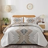 Dintszyayue Brown Boho Quilt Set Queen,3 Pieces Aztec Texture Quilt with 2 Pillowcases,Bohemian Geometric Bedspread Bedding Set Microfiber Quilted Coverlet Set for All Seasons Queen Size(90"×96")
