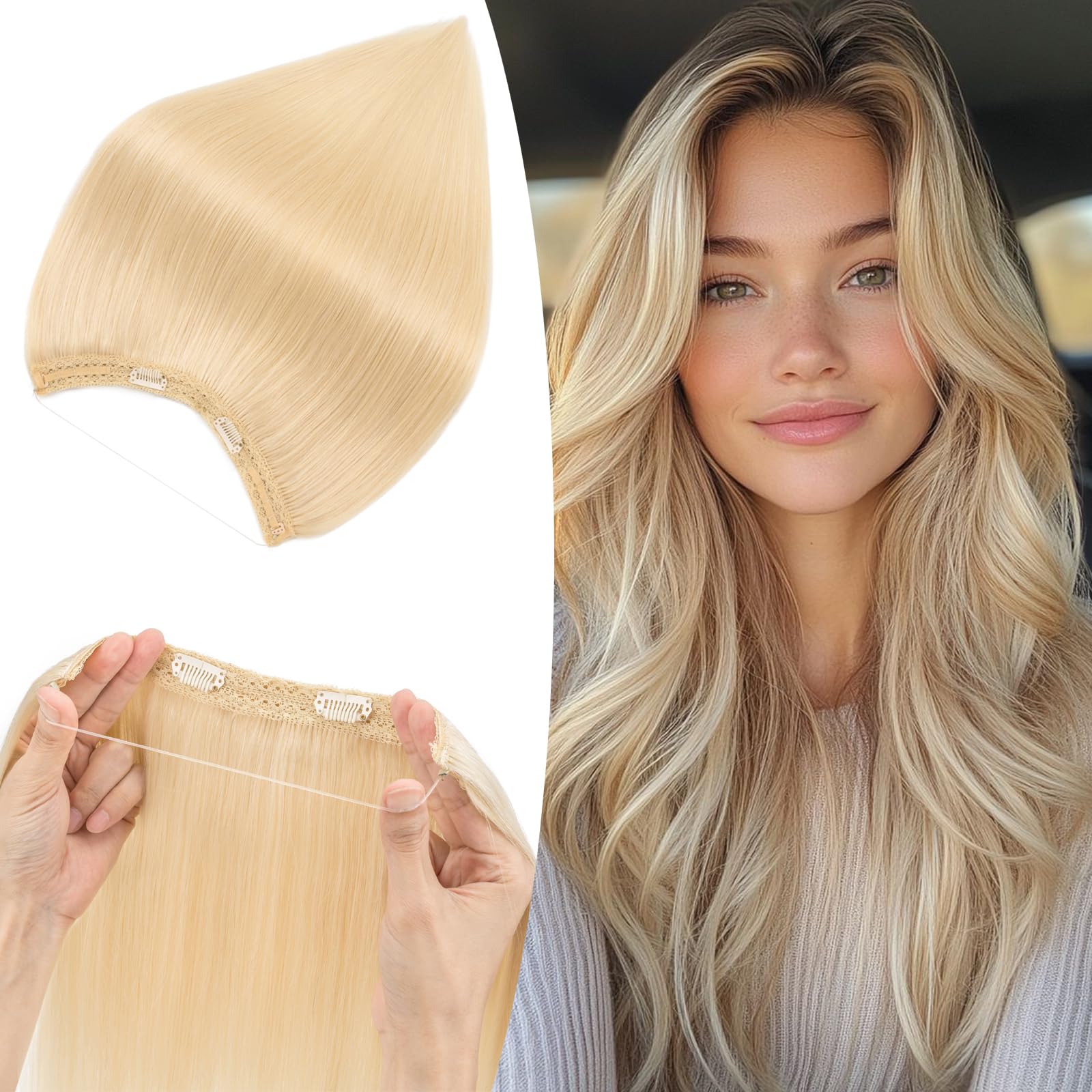 S-noilite Wire Hair Extensions Human Hair Platinum Blonde Invisible Fish Line Hair Extensions Real Hair One Piece Human Hair Extensions 20 Inch 70g — image 1