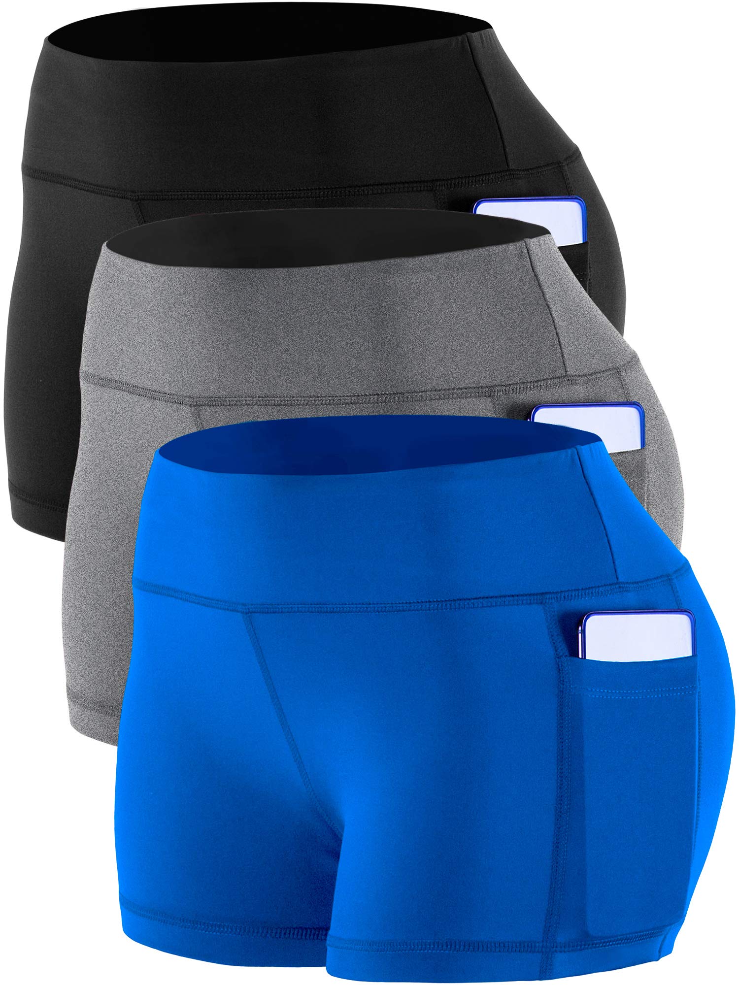 Photo 1 of CADMUS Women's Workout Yoga Running Compression Exercise Booty Shorts with One Side Pockets,3 Pack,09,Black,Grey,Blue,Small