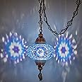 DEMMEX Plug-in Turkish Moroccan Mosaic Hanging Pendant Ceiling Light – Swag Lamp Fixture with 15ft Cord & Chain, Handcrafted Glass, Vintage Tiffany Style, Mediterranean Exotic Decor, (Blue)