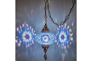 DEMMEX Plug-in Turkish Moroccan Mosaic Hanging Pendant Ceiling Light – Swag Lamp Fixture with 15ft Cord & Chain, Handcrafted Glass, Vintage Tiffany Style, Mediterranean Exotic Decor, (Blue)