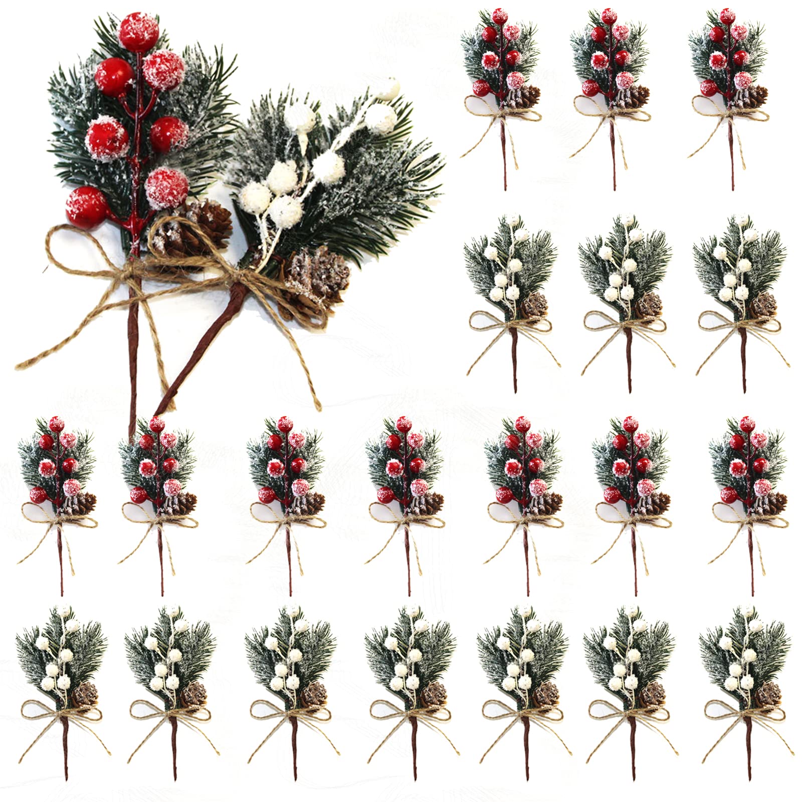 HanOBC 20 Pcs Red and White Berry Stems 15 cm Artificial Pine Picks Branches Christmas Floral Picks and Sprays Holiday Winter Floral Picks for Garland Wreath Xmas Decor