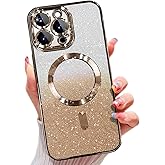 Misscase for iPhone 15 Pro Max Magnetic Glitter Case Compatible with MagSafe,Camera Lens Protector Full Protection Elegant Anti-Scratch Dust-Proof Net Case Cover for iPhone 15 Pro Max Gold