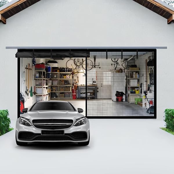 GARAGE DOOR SCREEN FOR 2 CAR GARAGE-18X7FT MAGNETIC GARAGE DOOR SCREEN WITH 6 ROLL UP STARPS FOR PATIO, OUTDOOR BLACK