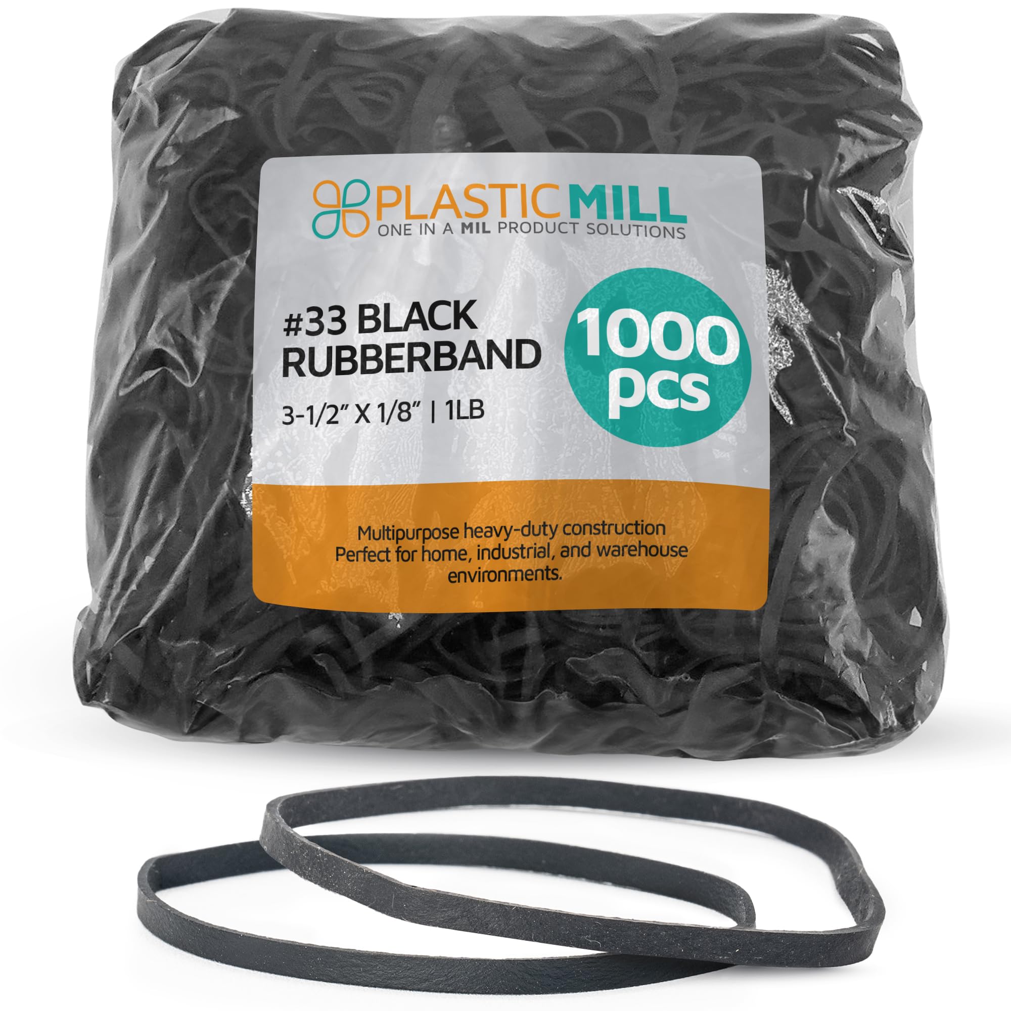 PlasticMill Rubber Bands - #33 Size - Rubberbands - 2Lb/1000 Count 2 Pound / 1000 Count Black