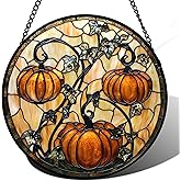 DASTOLL Stained Glass Window Hanging - Halloween Decoration Orange Pumpkin Vine Leaves Suncatcher for Door Garden Spooky Sun Catchers Gothic Decor Horror Gifts for Women Men Friend Boy Girl 6.3 in