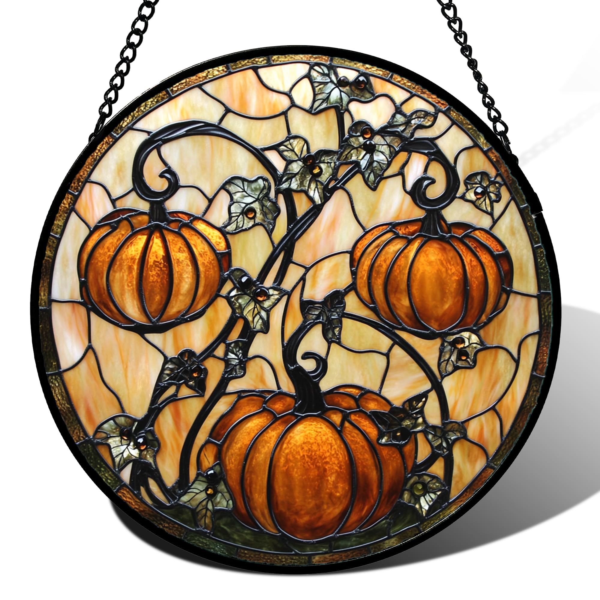 DASTOLL Stained Glass Window Hanging - Halloween Decoration Orange Pumpkin Vine Leaves Suncatcher for Door Garden Spooky Sun Catchers Gothic Decor Horror Gifts for Women Men Friend Boy Girl 11.8 in Image