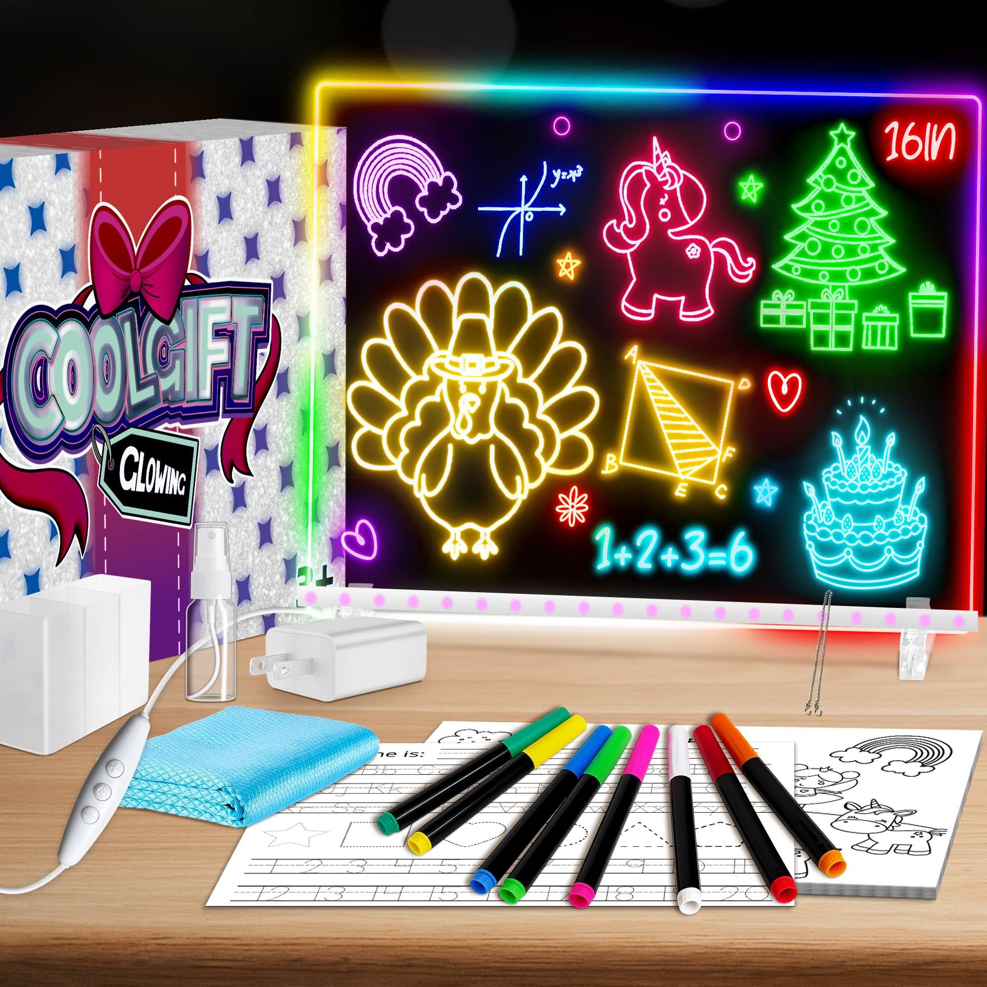 Photo 1 of 16" Led Drawing Board for Kids with 18 Tracing Pages - 4 Modes & Acrylic Led Note Board with 7 Colors, Light up Magic Boards for Art Kit, Birthday & Christmas Gifts for Teenage Girls & Boys, 39PCS
