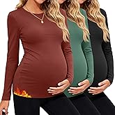 JoyMotion 3 Pack Women's Thermal Maternity Shirts Long Sleeve Fleece Pregnancy Layering Top Crew Neck Base Layer Mama Clothes