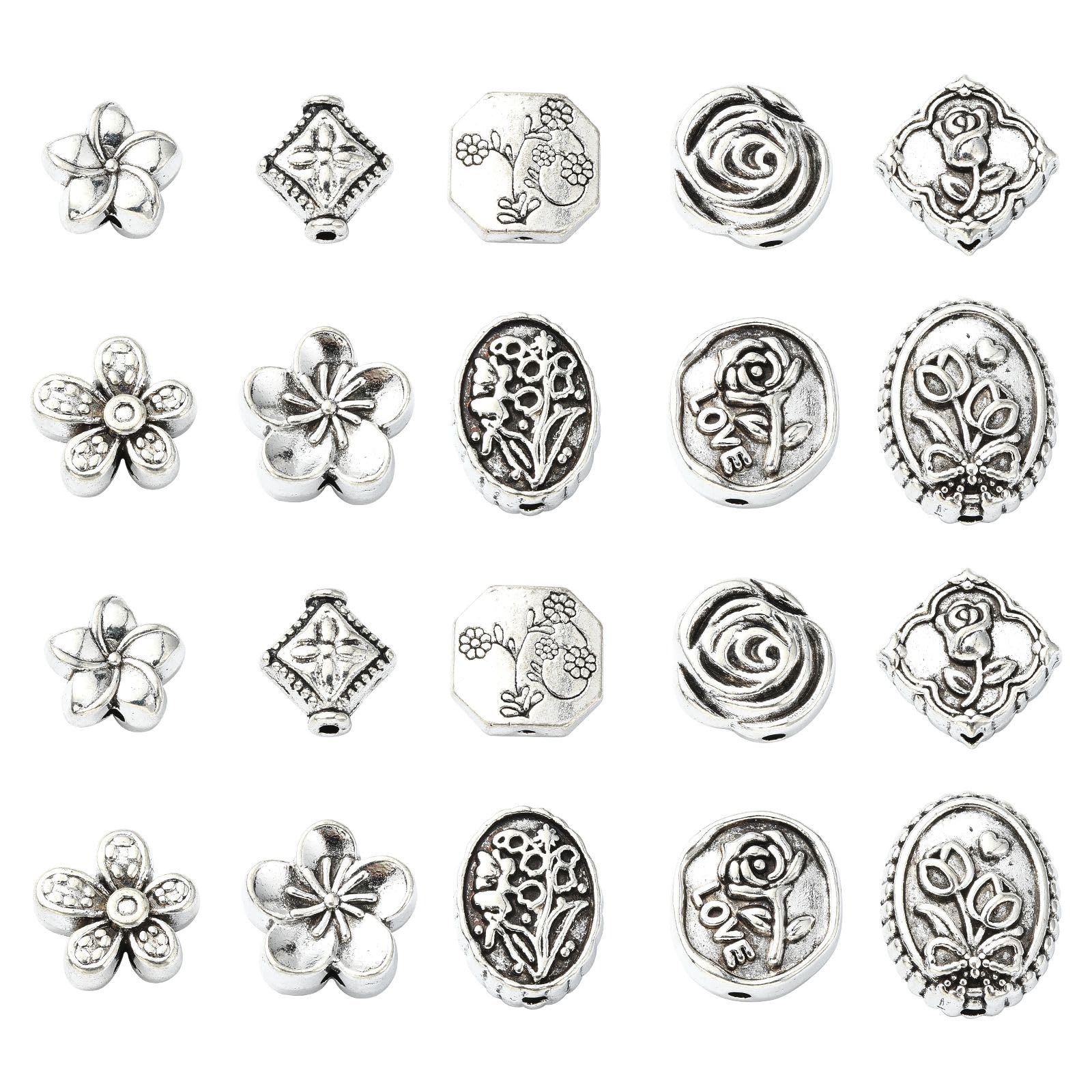 Stiesy 100 Pcs 10 Styles Tibetan Style Flower Beads Antique Silver Oval Rhombus Flower Shape Spacer Beads Tibetan Silver Alloy Loose Beads Bulk for Bracelet Necklace Earring Jewelry Making Supplies
