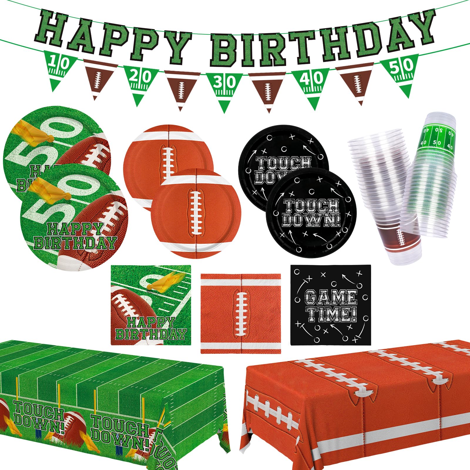 Photo 1 of *Missing Parts - Check clerk notes*
Football Birthday Party Decorations Kit for 24: Football Party Supplies Set with Plates, Dessert Plates, Napkins, Cups, Banner & Touchdown Tablecloth - for Football Tailgate Party Decorations