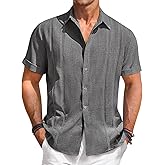 Runcati Mens Guayabera Shirts Short Sleeve Casual Cuban Linen Shirt Button Down Beach Summer Mexican Shirts