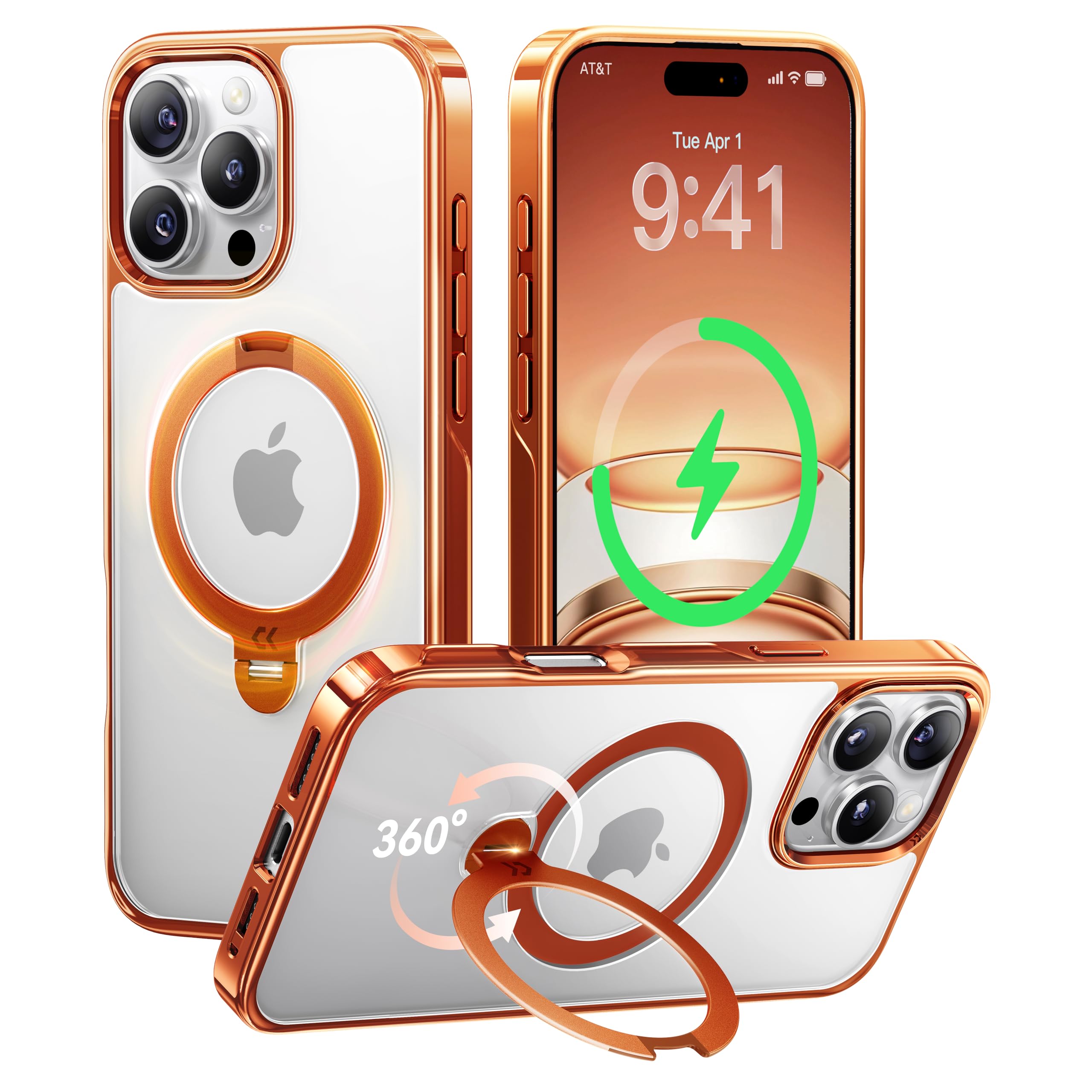 Photo 1 of CASEKOO Cosmic Orange Glossy Titanium for iPhone 16 Pro Case with 360° Spin Magnetic Stand [Fit for Magsafe][16FT Military Protection] Polished Frame Titanium Alloy Sturdy Stand 6.3'', Cosmic Orange