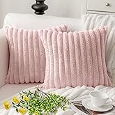 MOSAYT Pink Faux Fur Throw Pillow Covers 18x18, Set of 2, Plush Velvet Soft Pillow Case,Valentines Day Fluffy Striped Decorative Couch Pillow Covers for Sofa, Bedroom, Living Room(Light Pink)