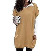 COCCKO Womens Fall Sweater Vest Oversized Short Sleeve Crew Neck Pullover with Pocket Tunic